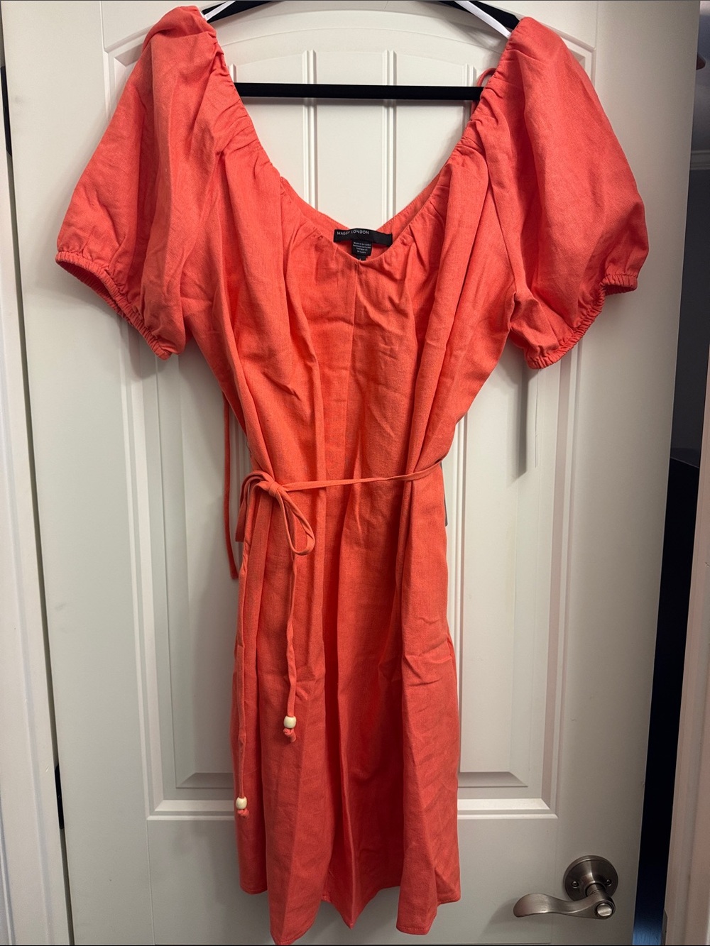 Maggy London Coral Puff-Sleeve Tie-Waist Midi Dress, Linen Blend, New, L